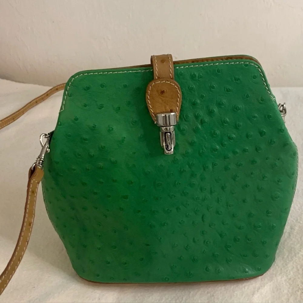 Genuine Italian OSTRITCH Embossed Leather Crossbody Bag Womens Green Purse - Picture 2 of 13